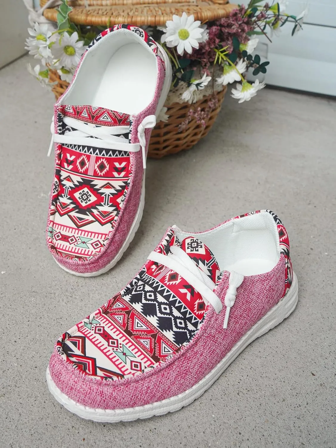 Women's Denim Loafers Aztec Ethnic Pattern Canvas Slip-on Sneakers Low Top Cushioned Insole Breathable Lightweight All-Day Comfort Shoes,Blue/Brown/Rose,US Size 6-11