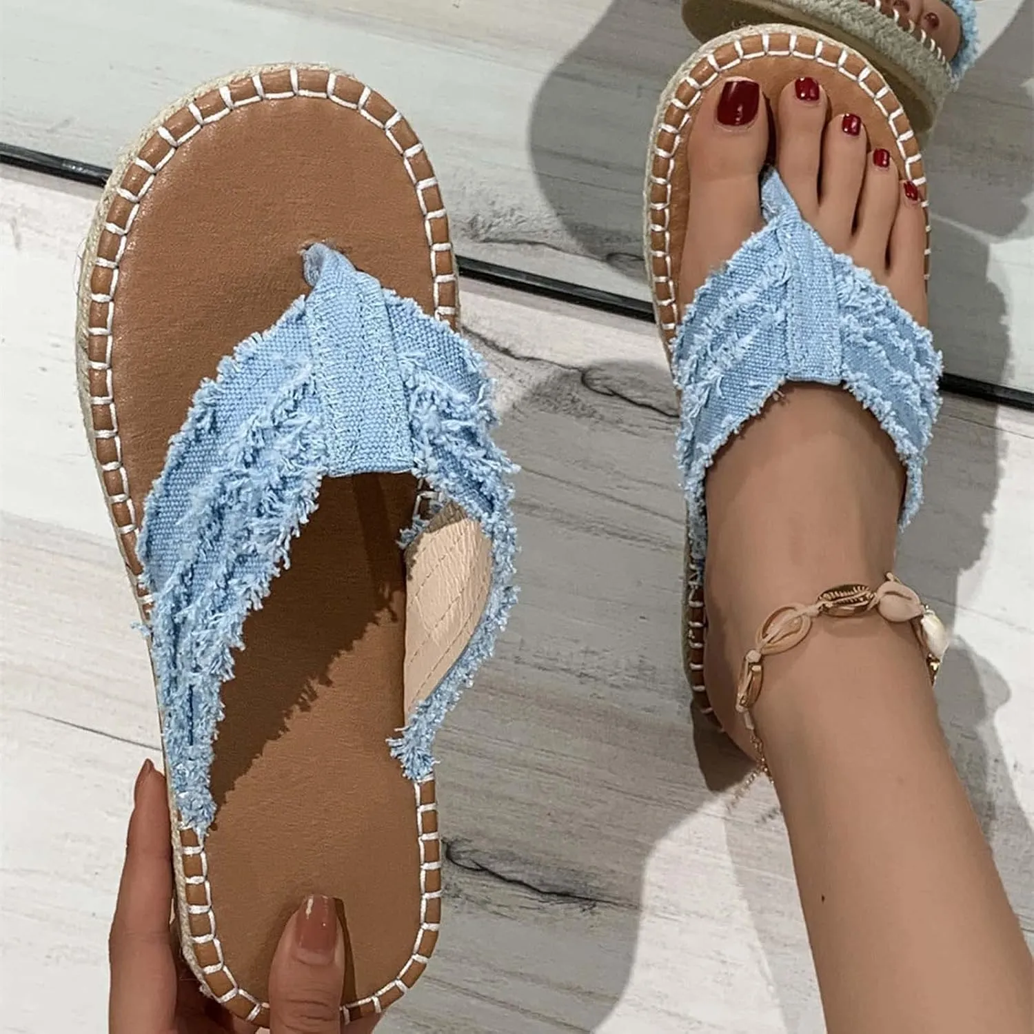 Womens Denim Slippers Plus Size Fashion Platform Straw Sandals Fisherman Beach Style Flip Flops Slip on Sandals