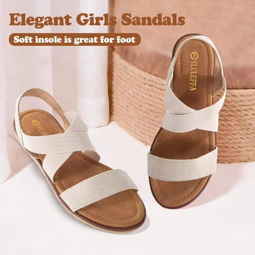 Women's Elastic Flat Sandals - Comfort Open Toe Elastic ankle strap Slip on Casual Walking Summer Shoes