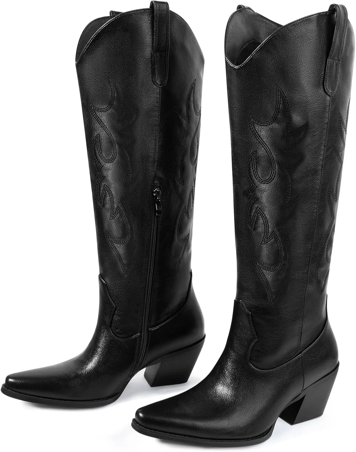 Women's Embroidered Wide Calf Western Cowgirl High Knee Boots Pull On Pointed Toe Cowboy Tall Boots for Ladies