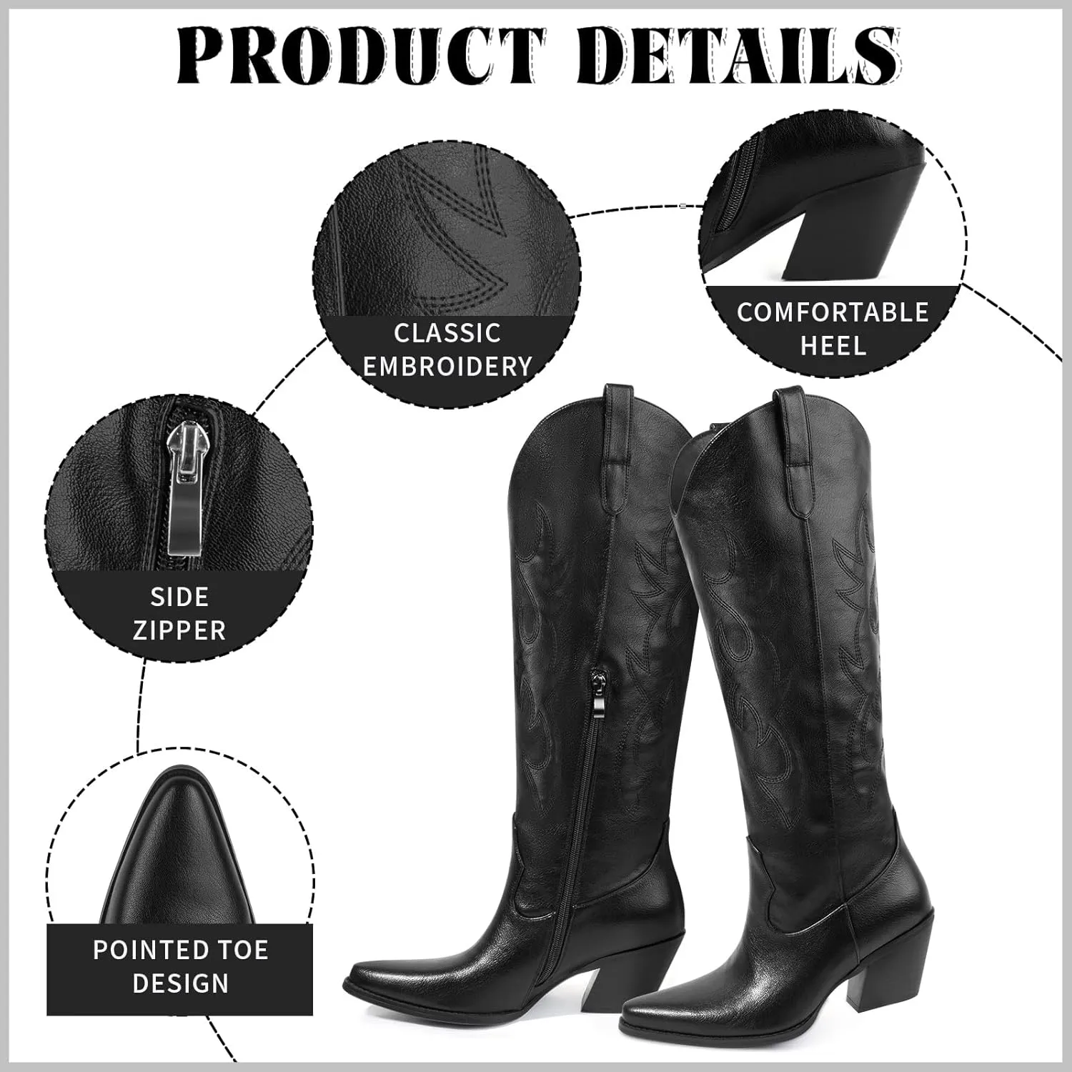 Women's Embroidered Wide Calf Western Cowgirl High Knee Boots Pull On Pointed Toe Cowboy Tall Boots for Ladies