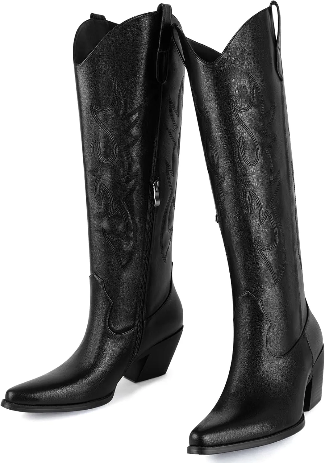 Women's Embroidered Wide Calf Western Cowgirl High Knee Boots Pull On Pointed Toe Cowboy Tall Boots for Ladies