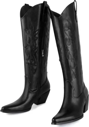 Women's Embroidered Wide Calf Western Cowgirl High Knee Boots Pull On Pointed Toe Cowboy Tall Boots for Ladies