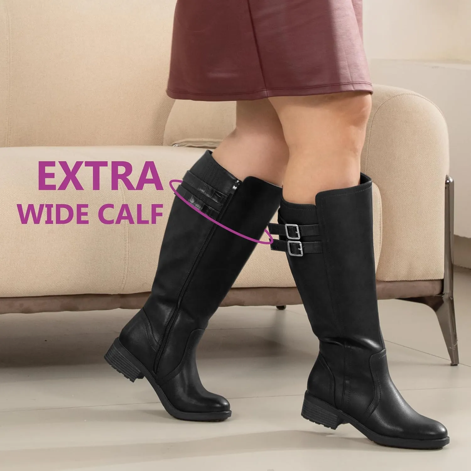 Women's Extra Wide Calf Block Heel Stacked Buckle Hidden Stretch Knee High Boots