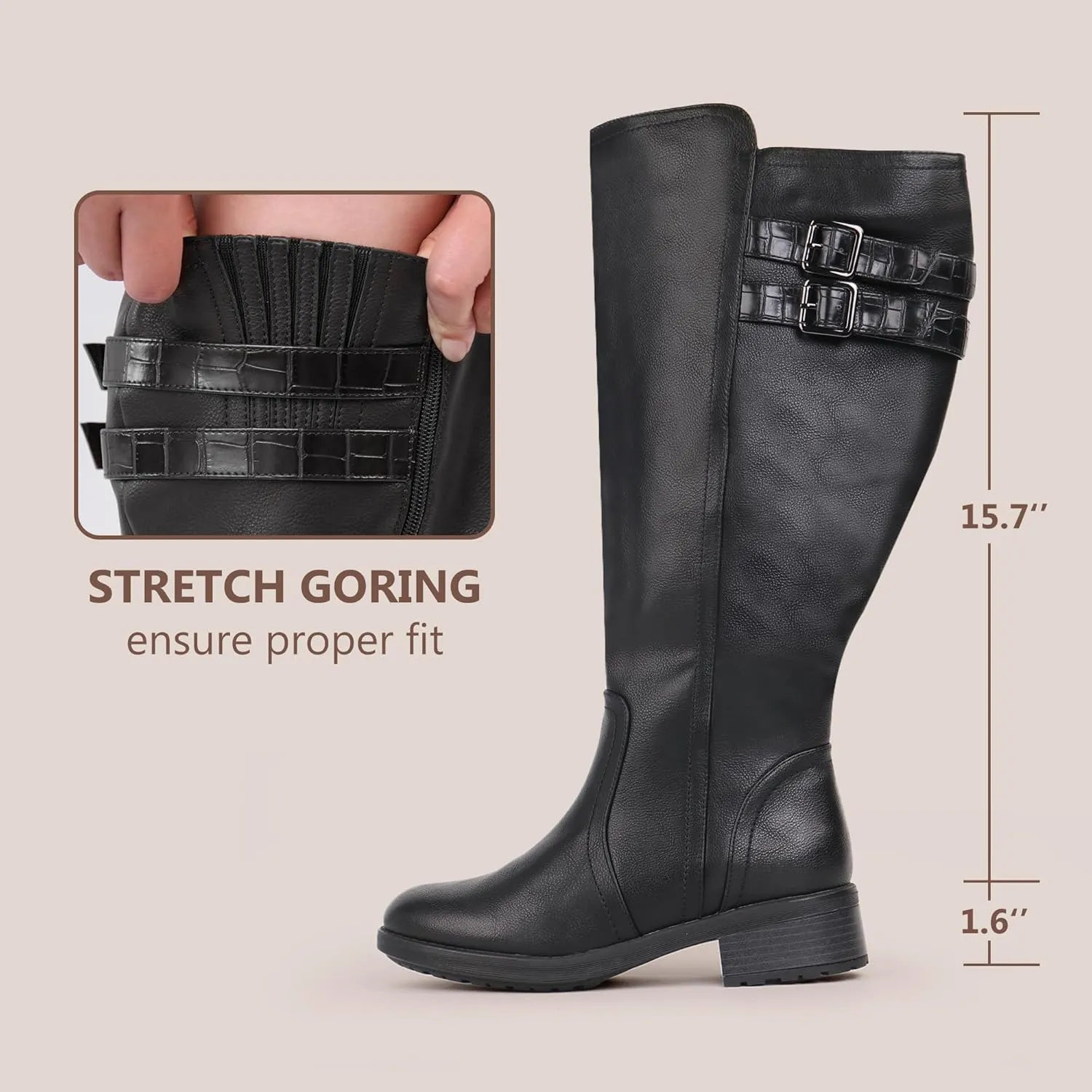 Women's Extra Wide Calf Block Heel Stacked Buckle Hidden Stretch Knee High Boots