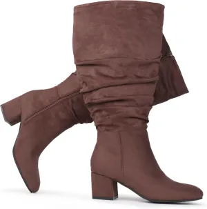 Women's Extra Wide Calf Dress Boots Slouchy Suede Boots with Block Heel