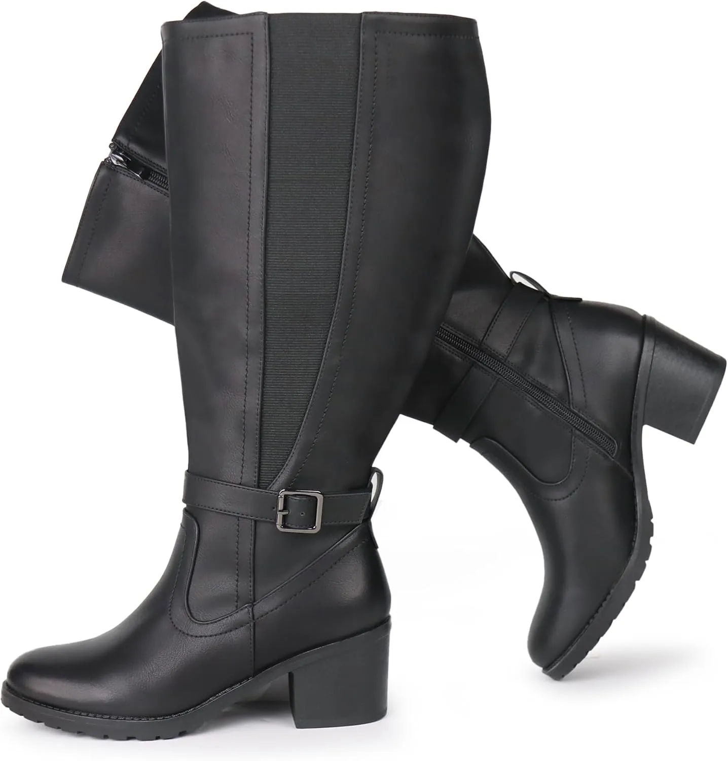 Womens Extra Wide Calf Stretch Panel Side Zipper Knee High Boots with Block Heel