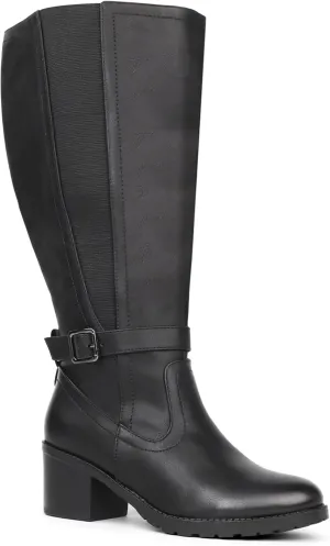 Womens Extra Wide Calf Stretch Panel Side Zipper Knee High Boots with Block Heel