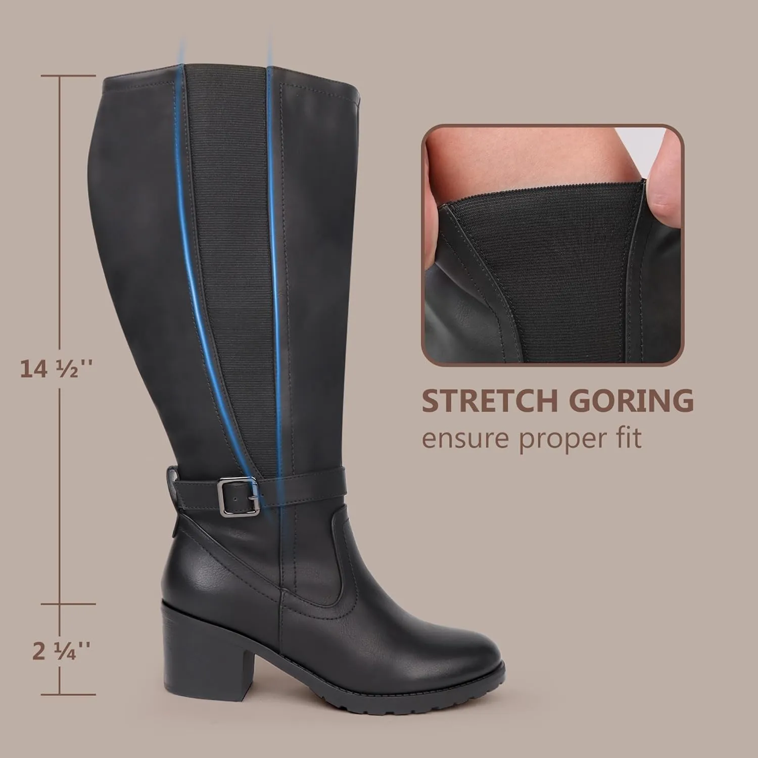 Womens Extra Wide Calf Stretch Panel Side Zipper Knee High Boots with Block Heel