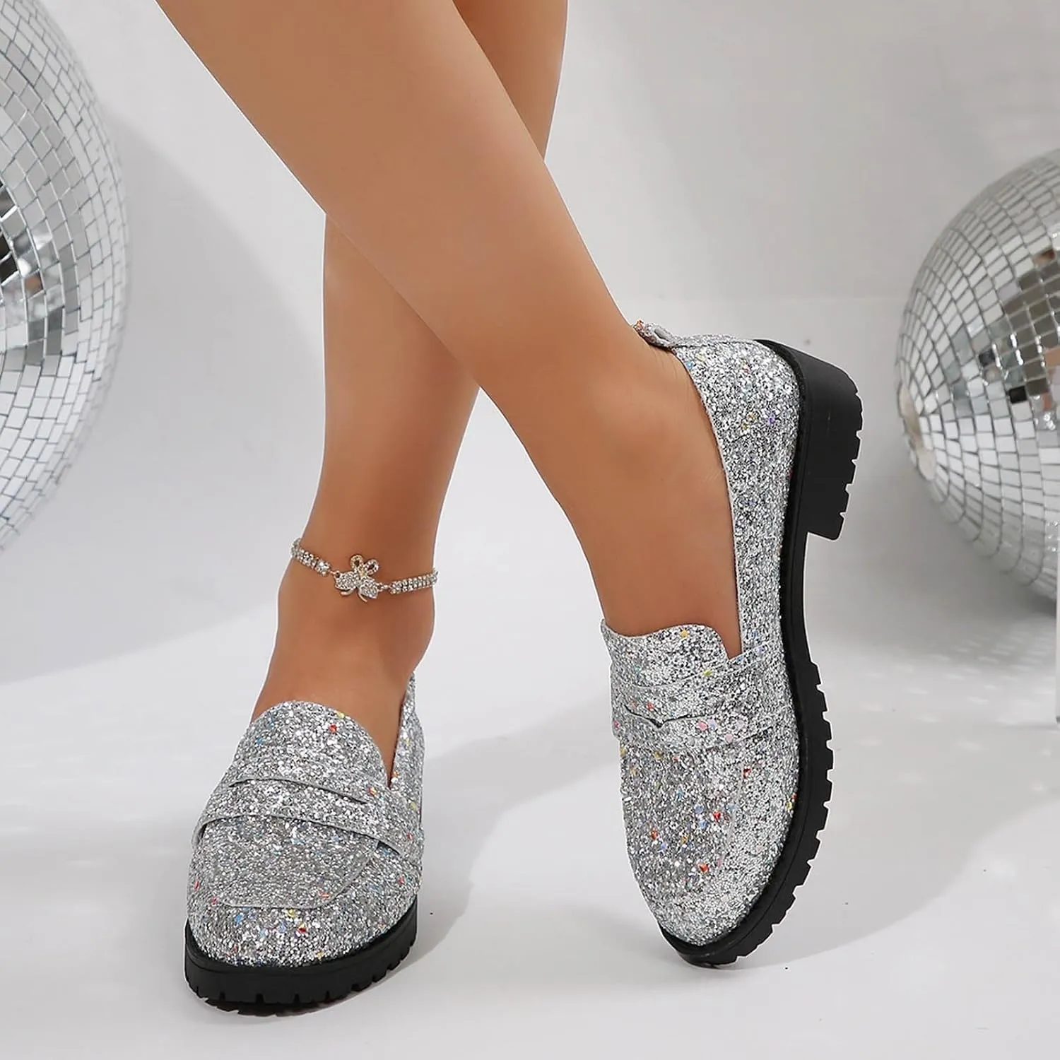 Women's Fashion Sequin Leather Leather Casual Shoes Temperament Comfortable Shoes Memory Foam Shoe Men