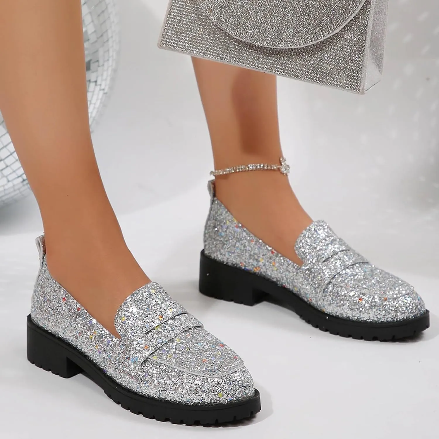 Women's Fashion Sequin Leather Leather Casual Shoes Temperament Comfortable Shoes Memory Foam Shoe Men
