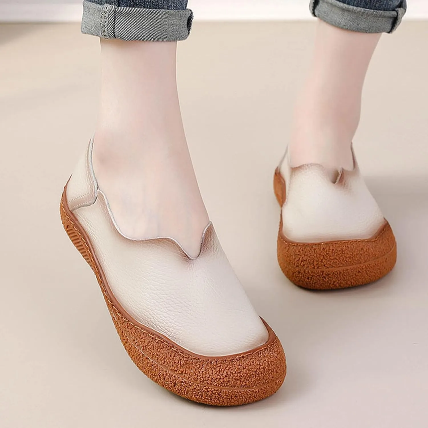 Women's Fashionable Leather Lightweight Soft Sole Loafers Comfortable Non-Slip Casual Breathable Walking Shoes