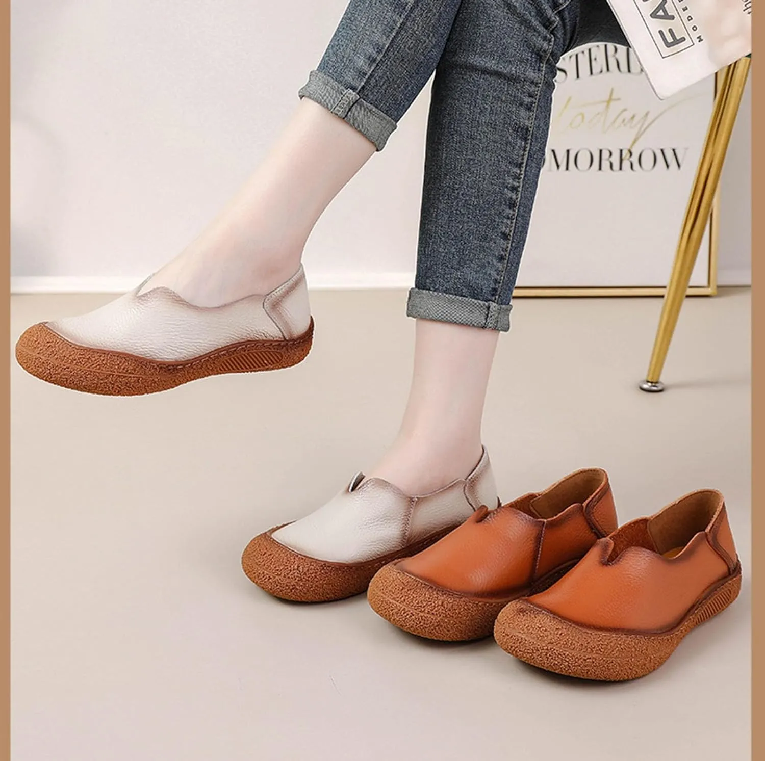 Women's Fashionable Leather Lightweight Soft Sole Loafers Comfortable Non-Slip Casual Breathable Walking Shoes
