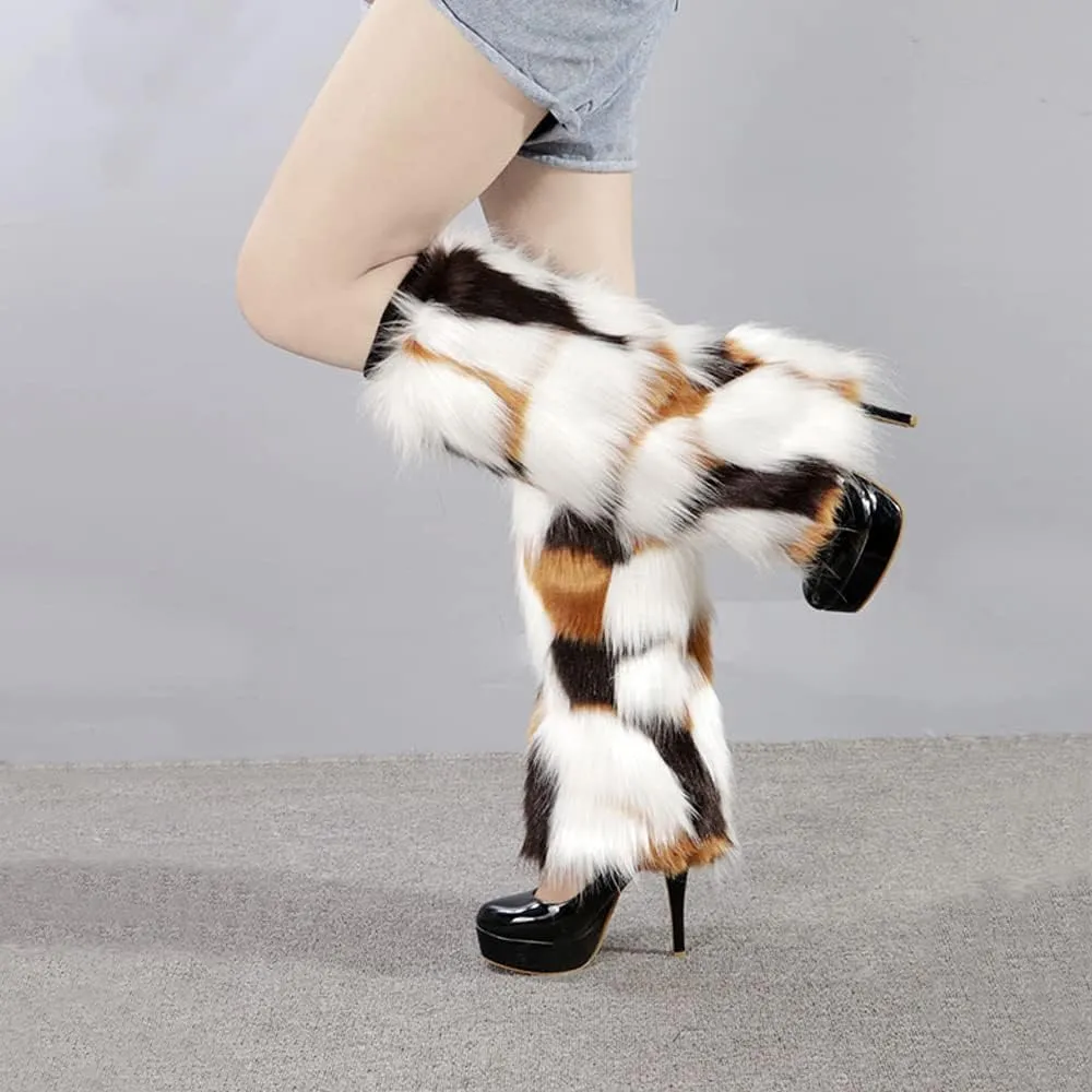 Women's Faux Fur Warm Fuzzy Leg Warmers, Super Soft Winter Long Boots Shoes Cuffs Covers for Party Costumes