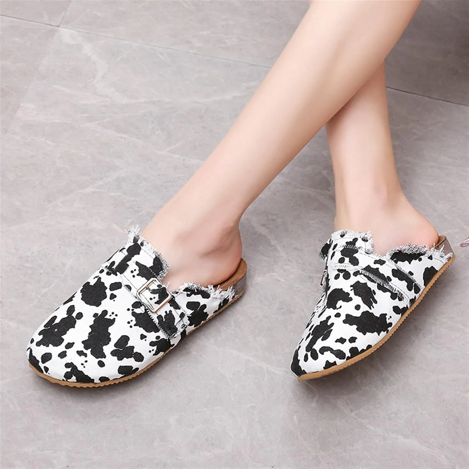 Women’s Flat Mule Shoes Comfy Clogs Suede Slip on Backless Slipper Summer Classic Round Toe Adjustable Buckle with Arch Support Anti Slip Sandals Unisex for Home Office