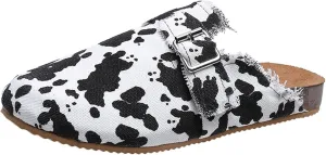 Women’s Flat Mule Shoes Comfy Clogs Suede Slip on Backless Slipper Summer Classic Round Toe Adjustable Buckle with Arch Support Anti Slip Sandals Unisex for Home Office
