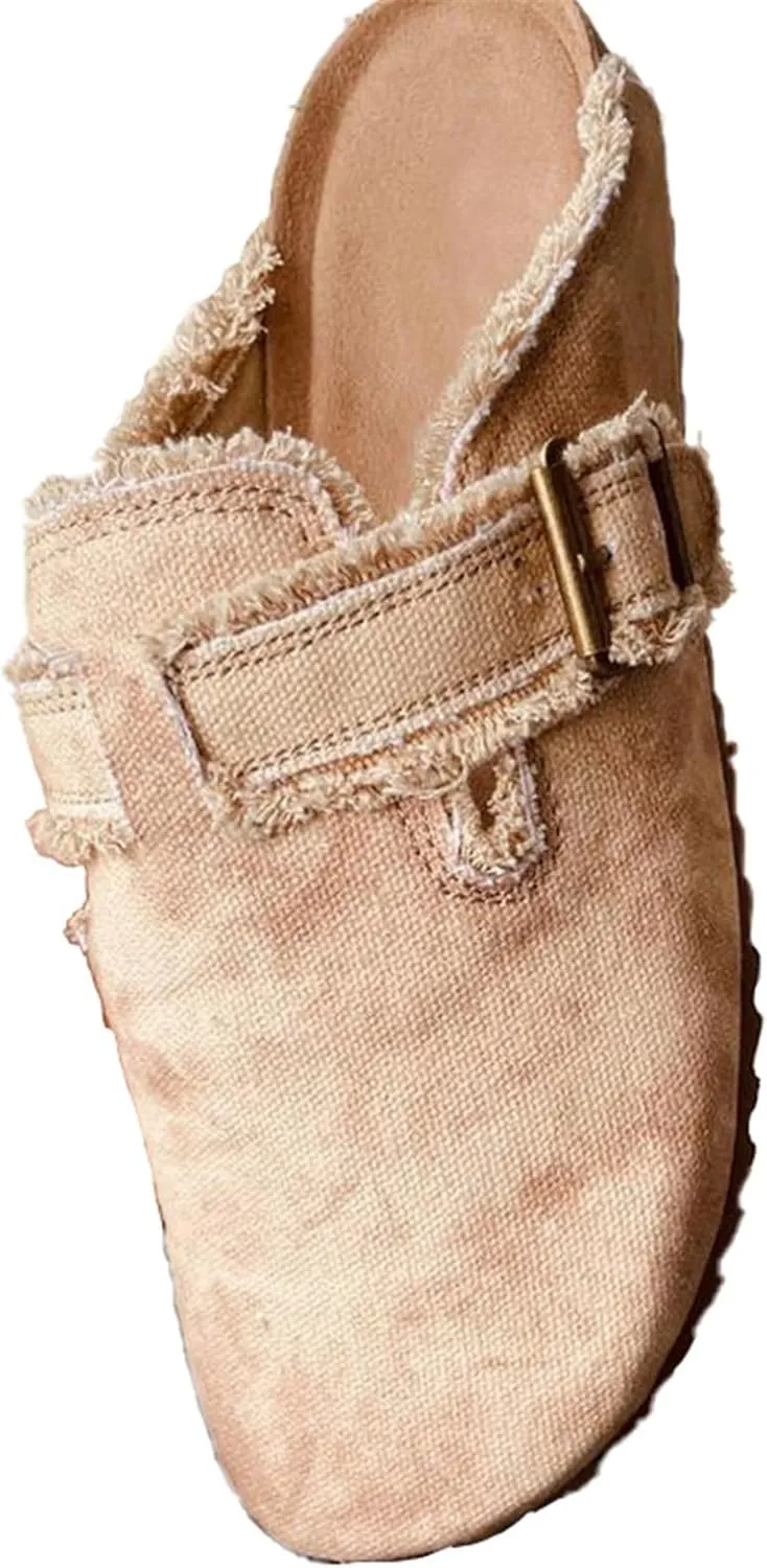 Women’s Flat Mule Shoes Comfy Clogs Suede Slip on Backless Slipper Summer Classic Round Toe Adjustable Buckle with Arch Support Anti Slip Sandals Unisex for Home Office