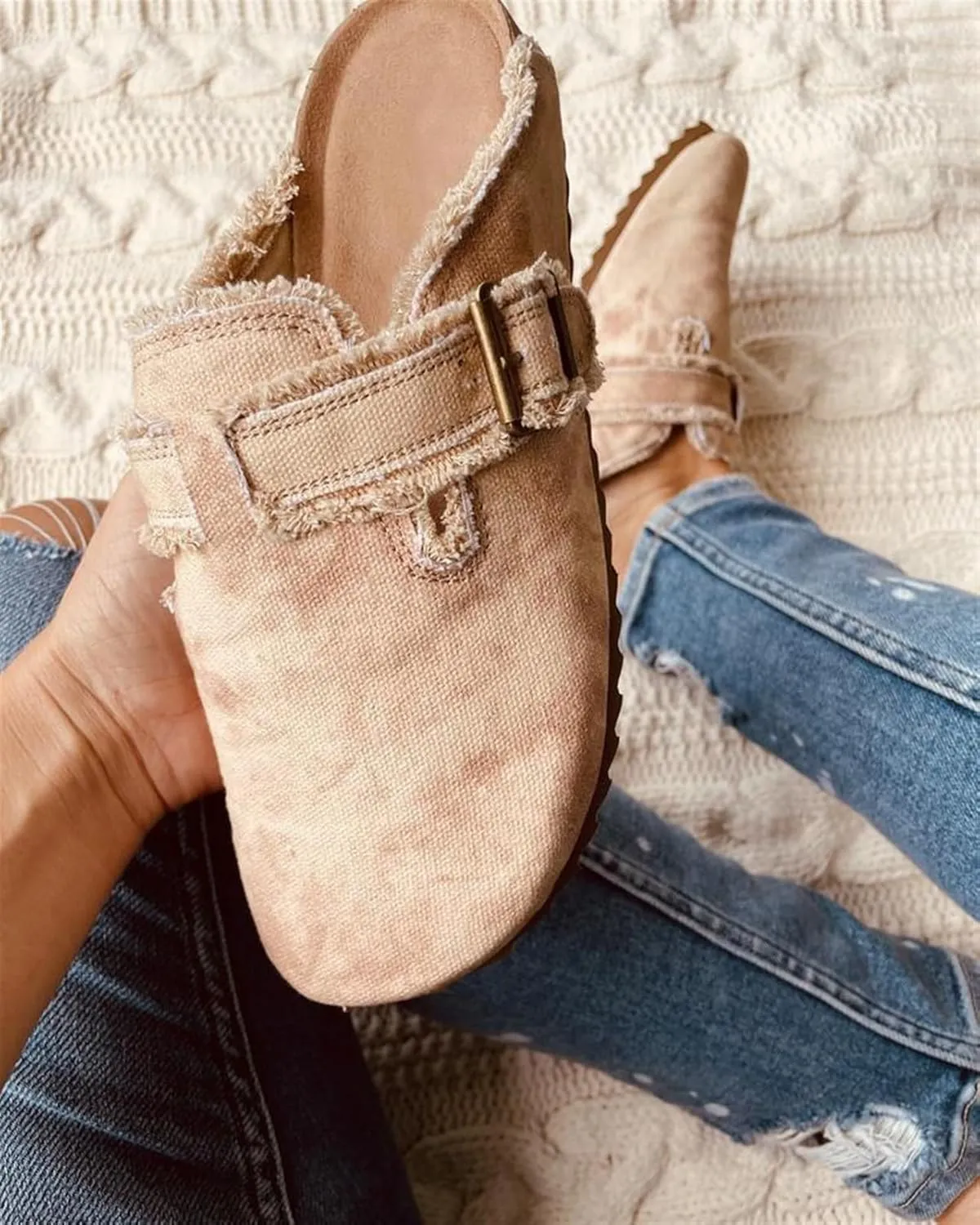 Women’s Flat Mule Shoes Comfy Clogs Suede Slip on Backless Slipper Summer Classic Round Toe Adjustable Buckle with Arch Support Anti Slip Sandals Unisex for Home Office