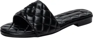 Womens Flat Sandals Summer Slip-On Leather Slide Sandals Raffia Women Slides Open Toe Beach Shoes