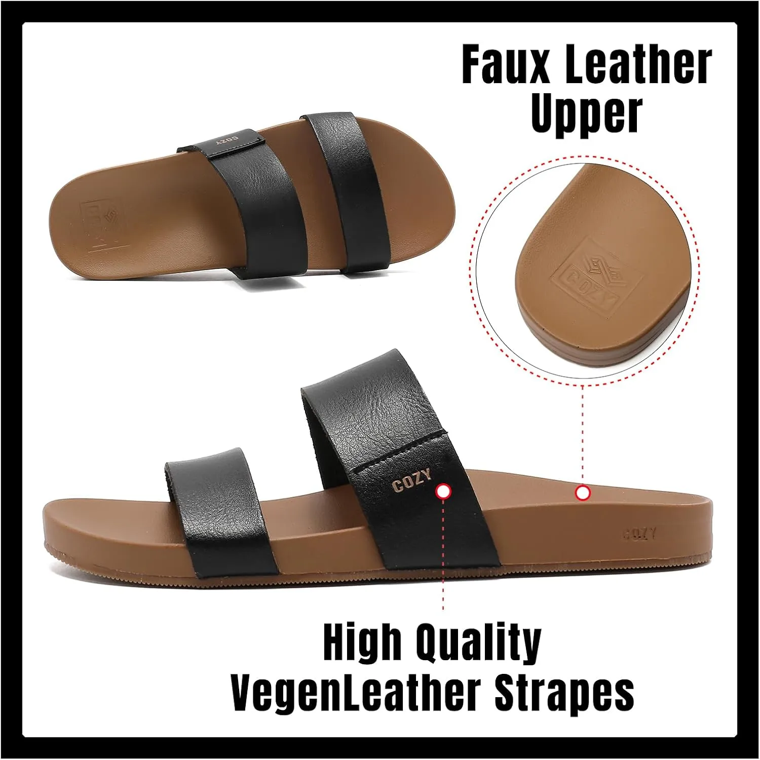 Women's Flat Slides Sandals, Two Strap & Non-Slip Vegan Leather Beach Slides,Stylish Summer Sandals for Women and Men 2025