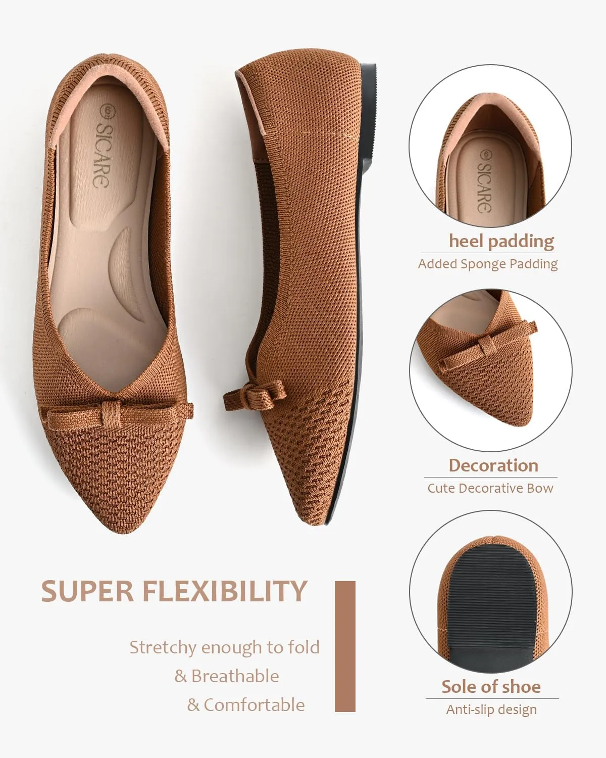 Women's Flats Bow Knit Ballet Flats Round Toe Comfortable Flats Dress Shoes Slip on Casual Dressy Flats for Office Work Foldable Soft Shoes Walking Flats
