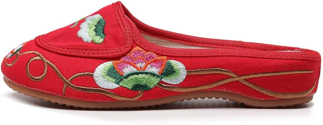 Women's Floral Embroidered Backless Flats Mules Comfortable Flats Round Toe Loafers Chinese Style Canvas Casual Slippers