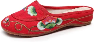 Women's Floral Embroidered Backless Flats Mules Comfortable Flats Round Toe Loafers Chinese Style Canvas Casual Slippers
