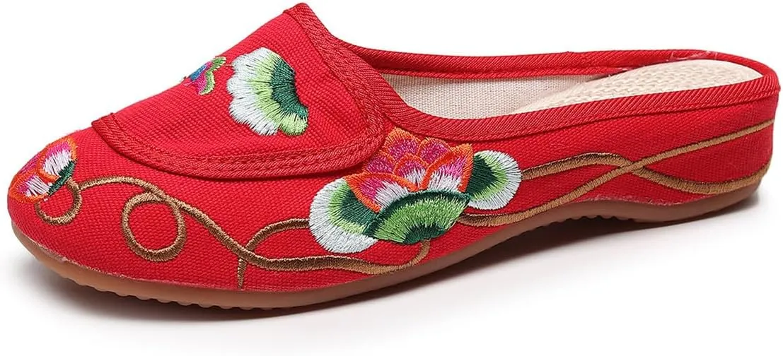 Women's Floral Embroidered Backless Flats Mules Comfortable Flats Round Toe Loafers Chinese Style Canvas Casual Slippers