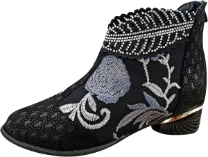 Womens Flower Embroidery Ankle Boots Fashion Rhinestone Pointed Back Zipper Mid Heel Short Booties Casual Trendy Ladies Thick Heel Shoes