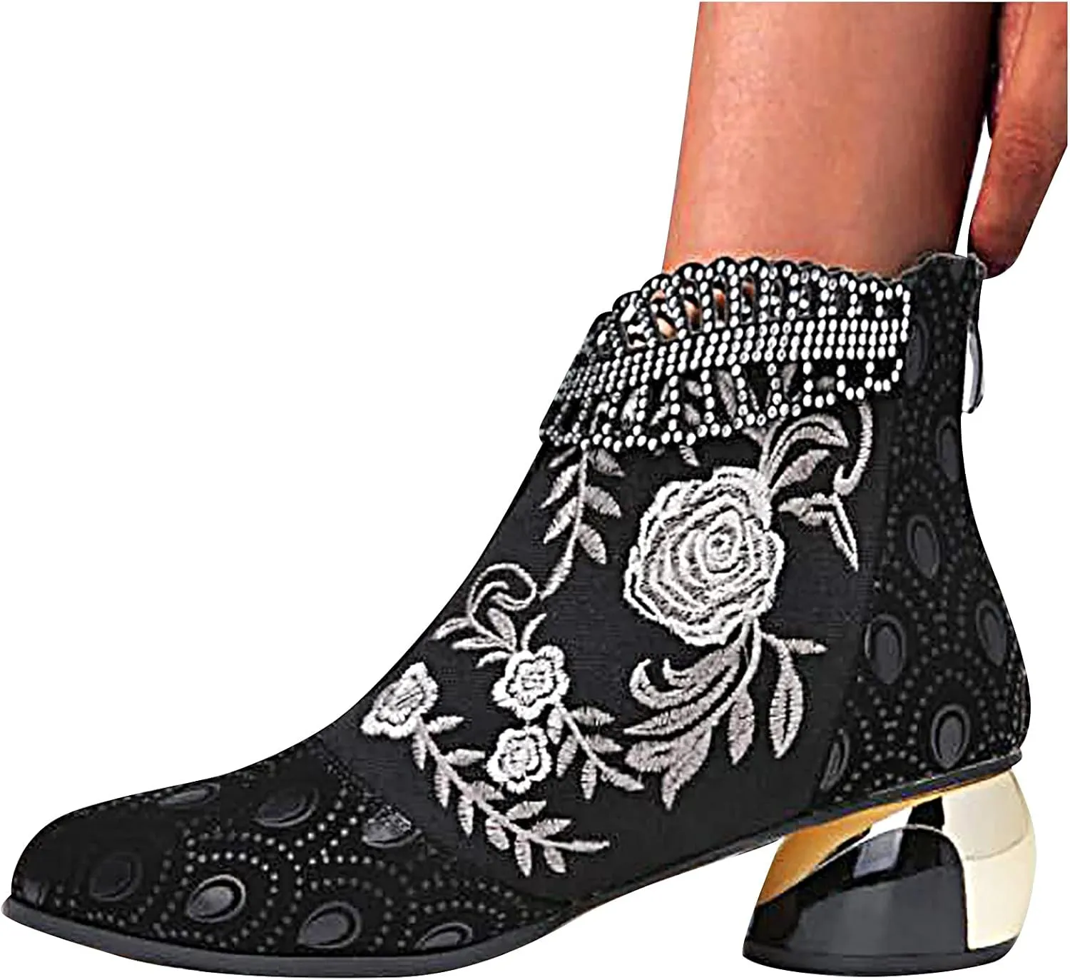 Womens Flower Embroidery Ankle Boots Fashion Rhinestone Pointed Back Zipper Mid Heel Short Booties Casual Trendy Ladies Thick Heel Shoes