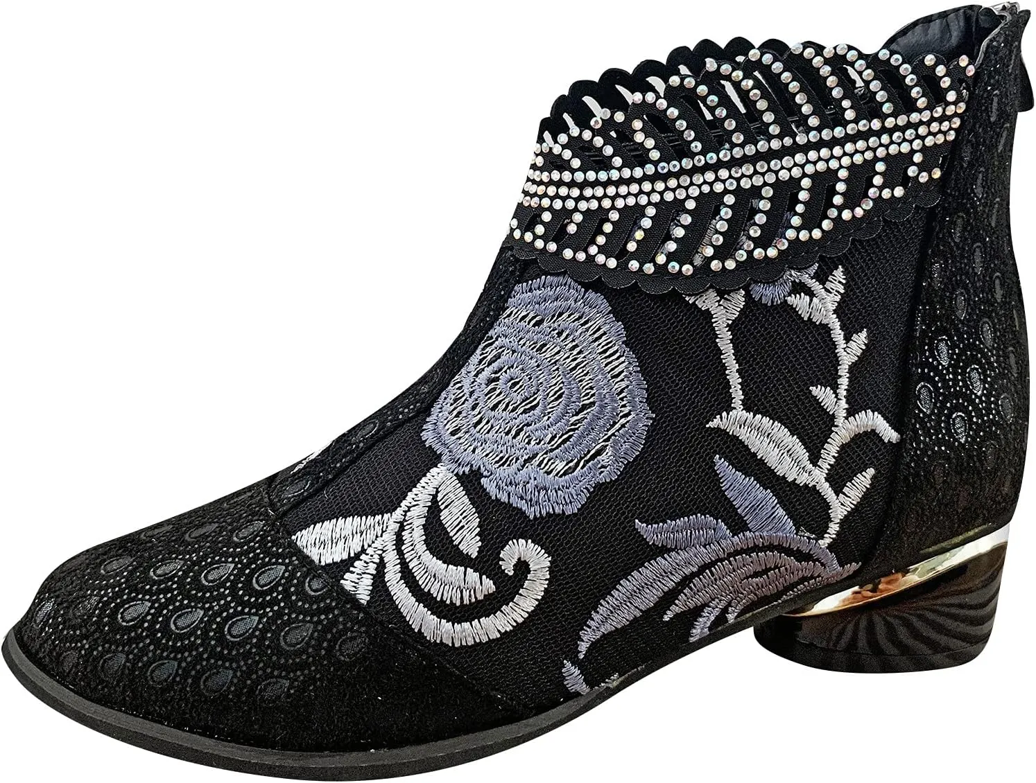 Womens Flower Embroidery Ankle Boots Fashion Rhinestone Pointed Back Zipper Mid Heel Short Booties Casual Trendy Ladies Thick Heel Shoes