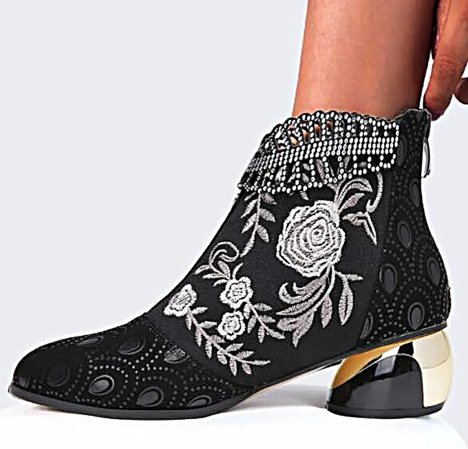 Womens Flower Embroidery Ankle Boots Fashion Rhinestone Pointed Back Zipper Mid Heel Short Booties Casual Trendy Ladies Thick Heel Shoes