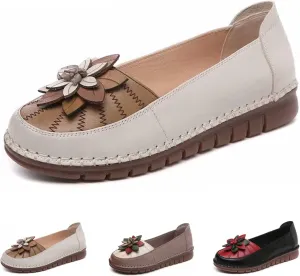 Women's Flower SOFE Sole Slip On Flat Loafers,Hand Stitching Vintage Leather Comfort Outdoor Non-Slip Elderly Women Walking Nurse Work Flats Loafer Single Shoes