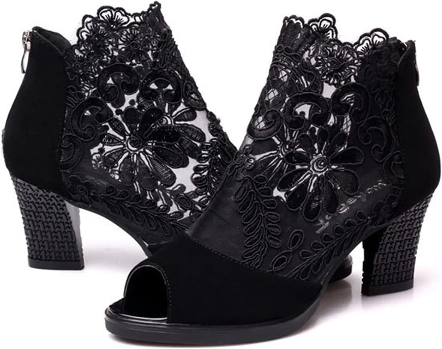 Women's Flowers Lace Fish Mouth Open Toe High Heels Sandals with Back Zipper Cutout Breathable Non-Slip Block Heeled Ankle Bootie Sandals Fashion Wedding Party Dress Shoes