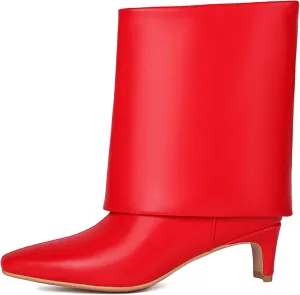 Women's Fold Over Boots Mid Wide Calf Boots Pull On Low Heel Shark Boots