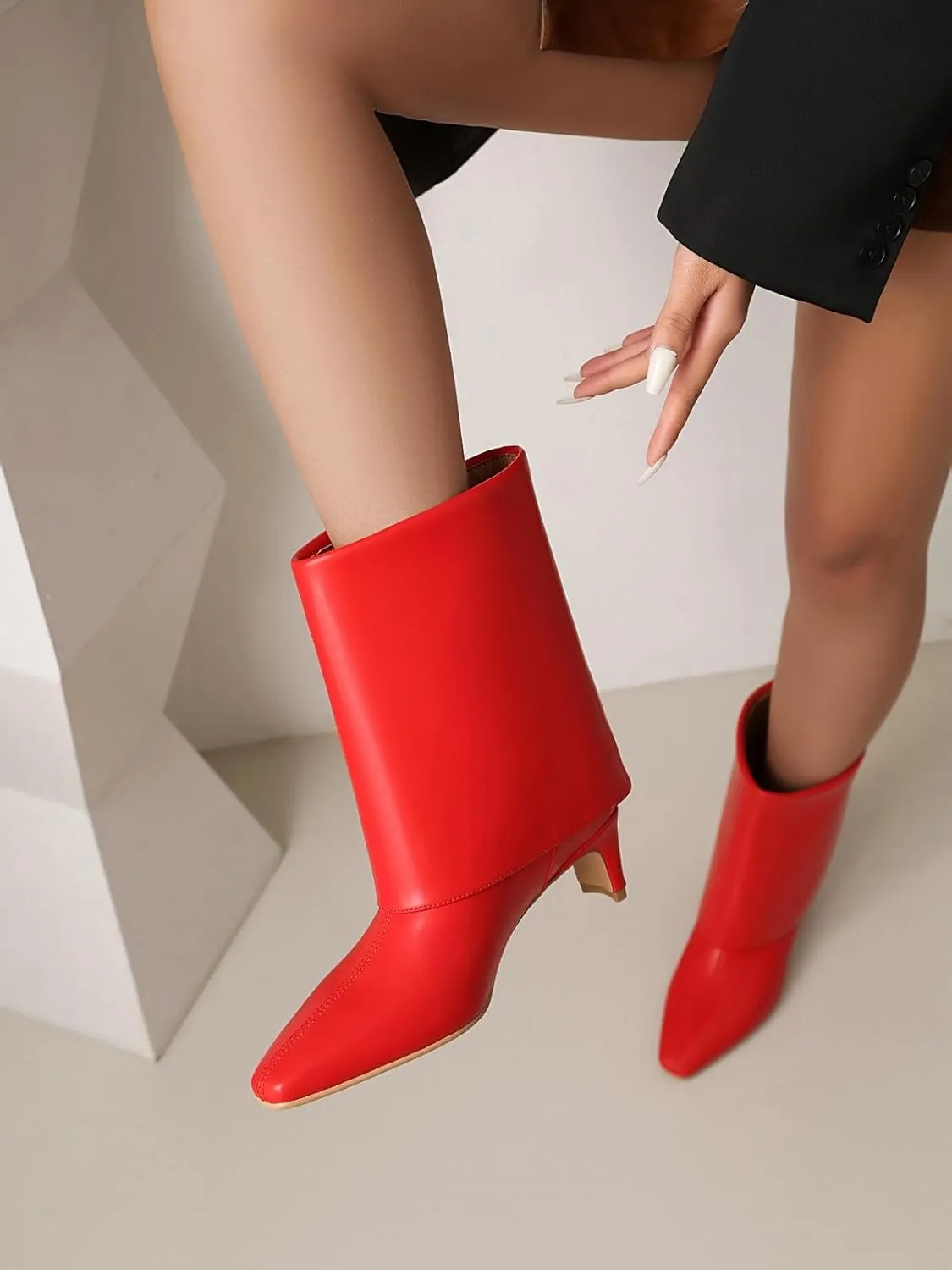 Women's Fold Over Boots Mid Wide Calf Boots Pull On Low Heel Shark Boots