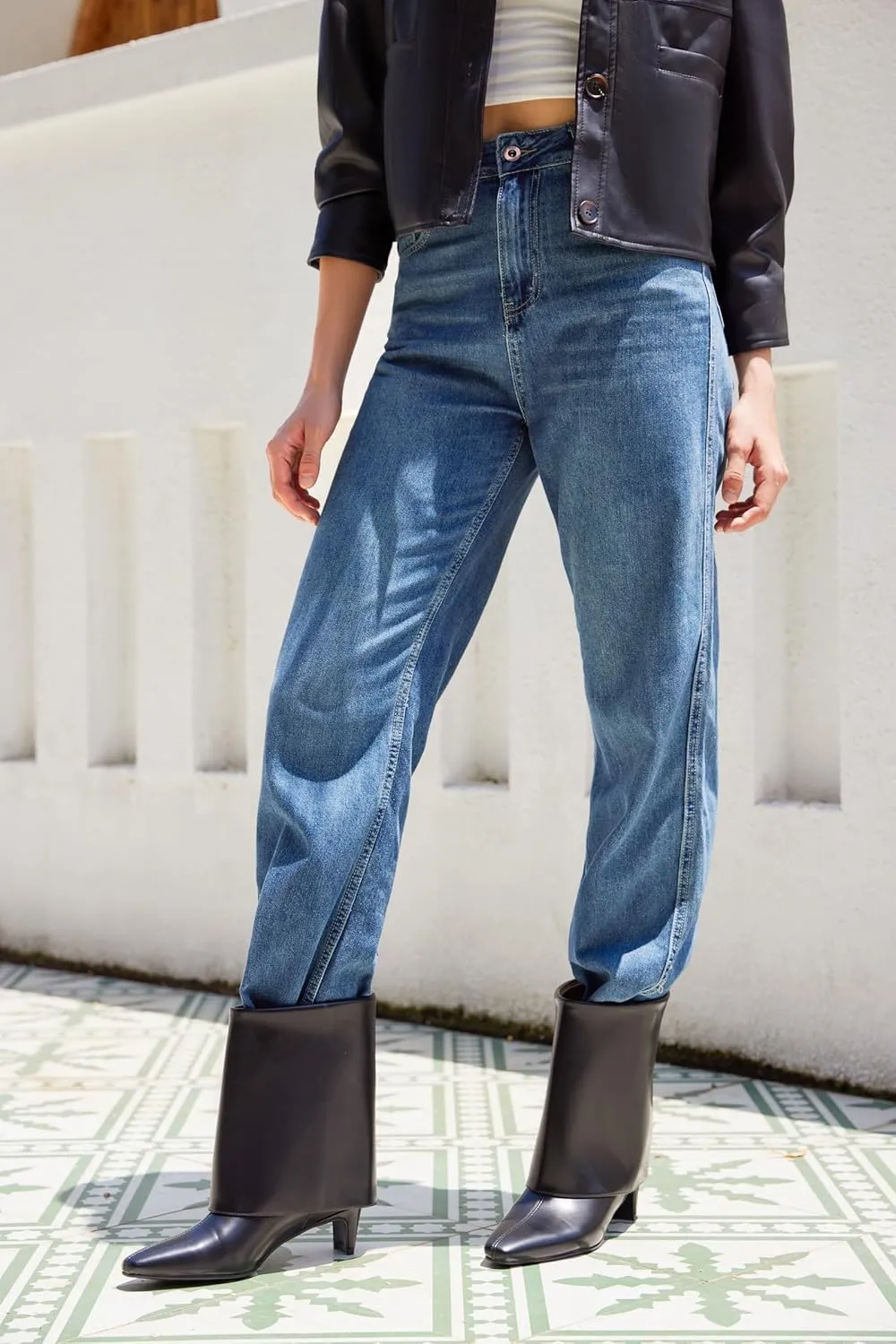 Women's Fold Over Boots Mid Wide Calf Boots Pull On Low Heel Shark Boots