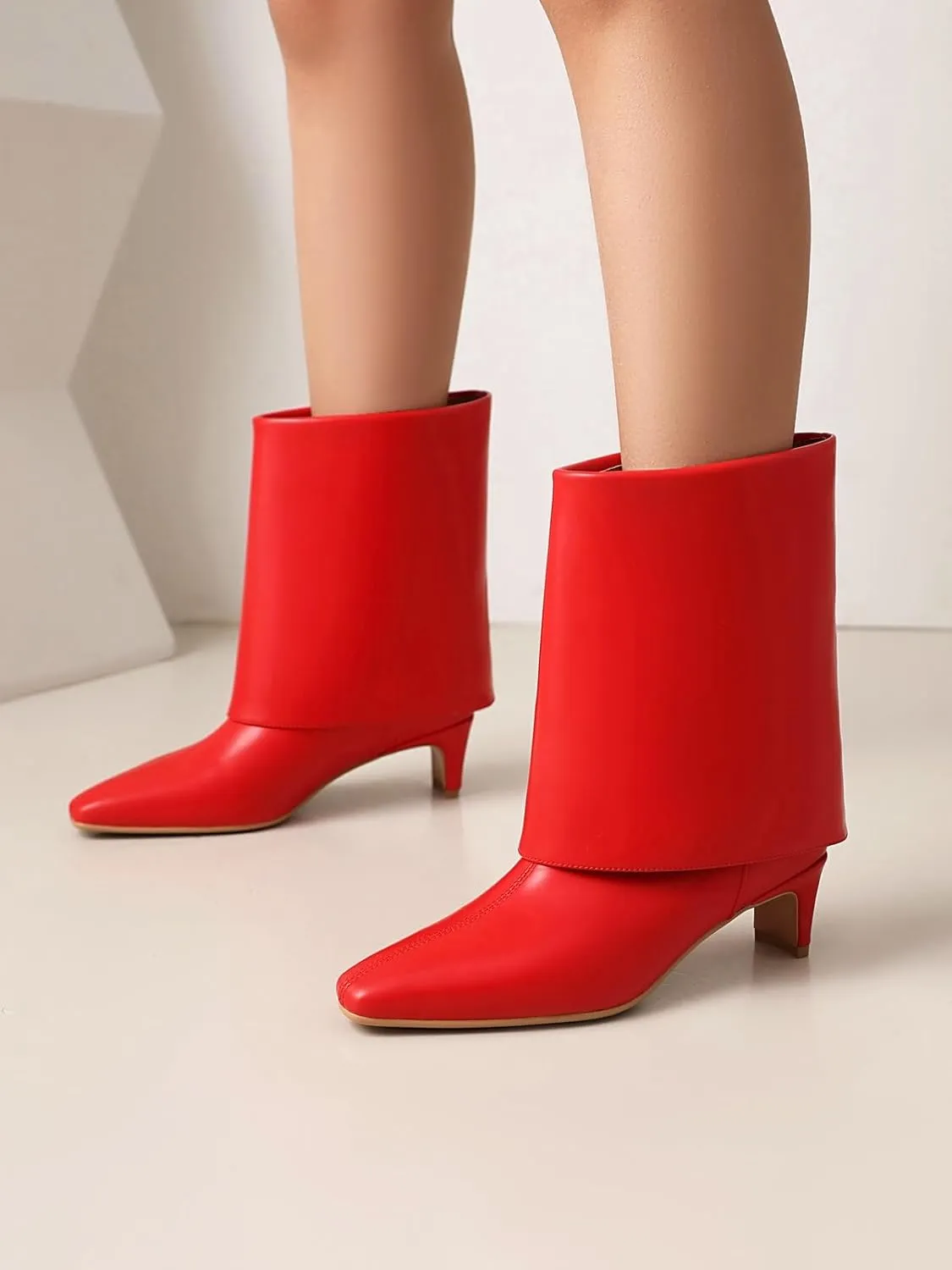 Women's Fold Over Boots Mid Wide Calf Boots Pull On Low Heel Shark Boots