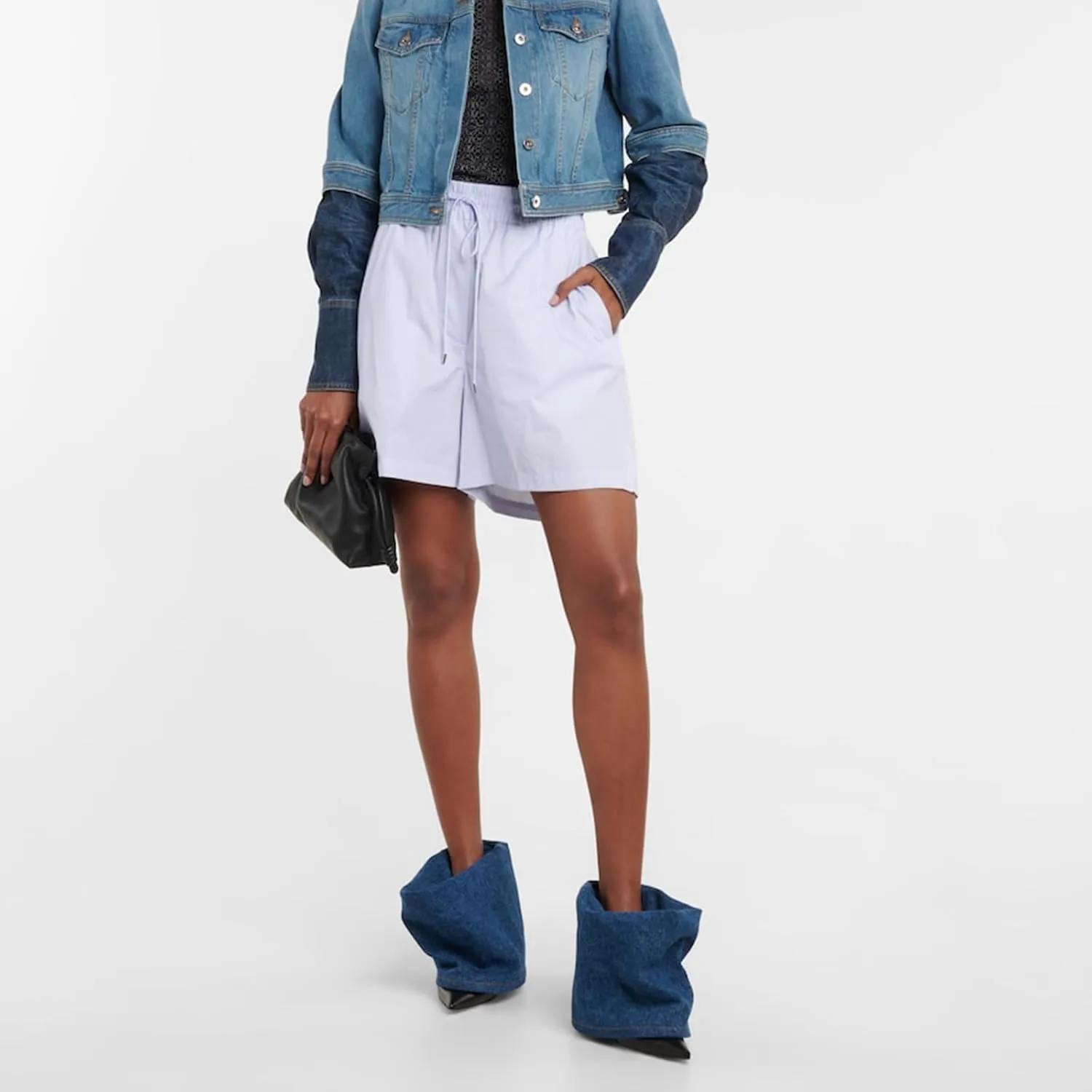 Women's Fold Over Denim Boots Pointed Toe Wide Calf Ankle Boots Pull On Fashion Dress High Heels Booties