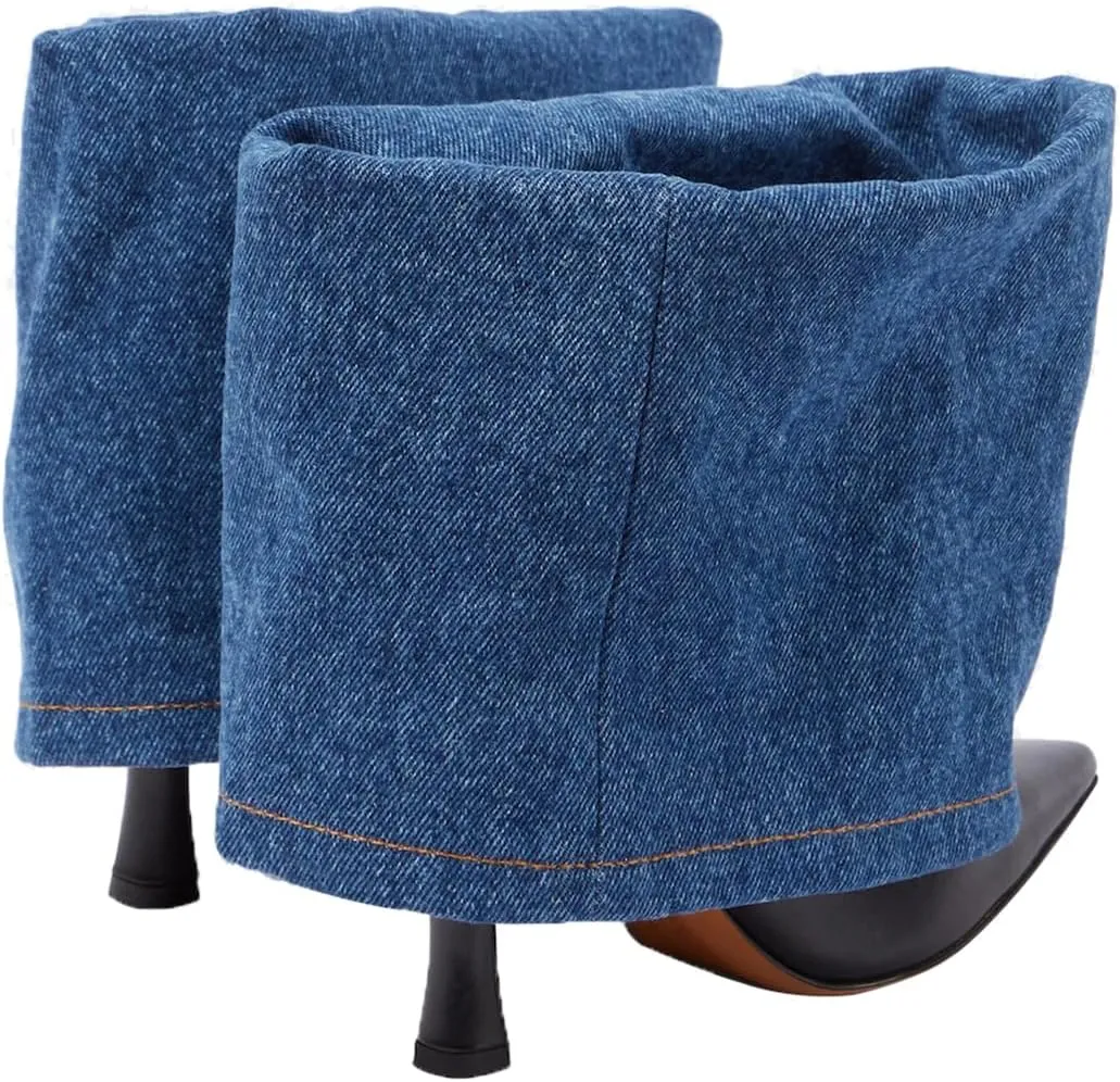 Women's Fold Over Denim Boots Pointed Toe Wide Calf Ankle Boots Pull On Fashion Dress High Heels Booties