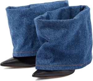Women's Fold Over Denim Boots Pointed Toe Wide Calf Ankle Boots Pull On Fashion Dress High Heels Booties