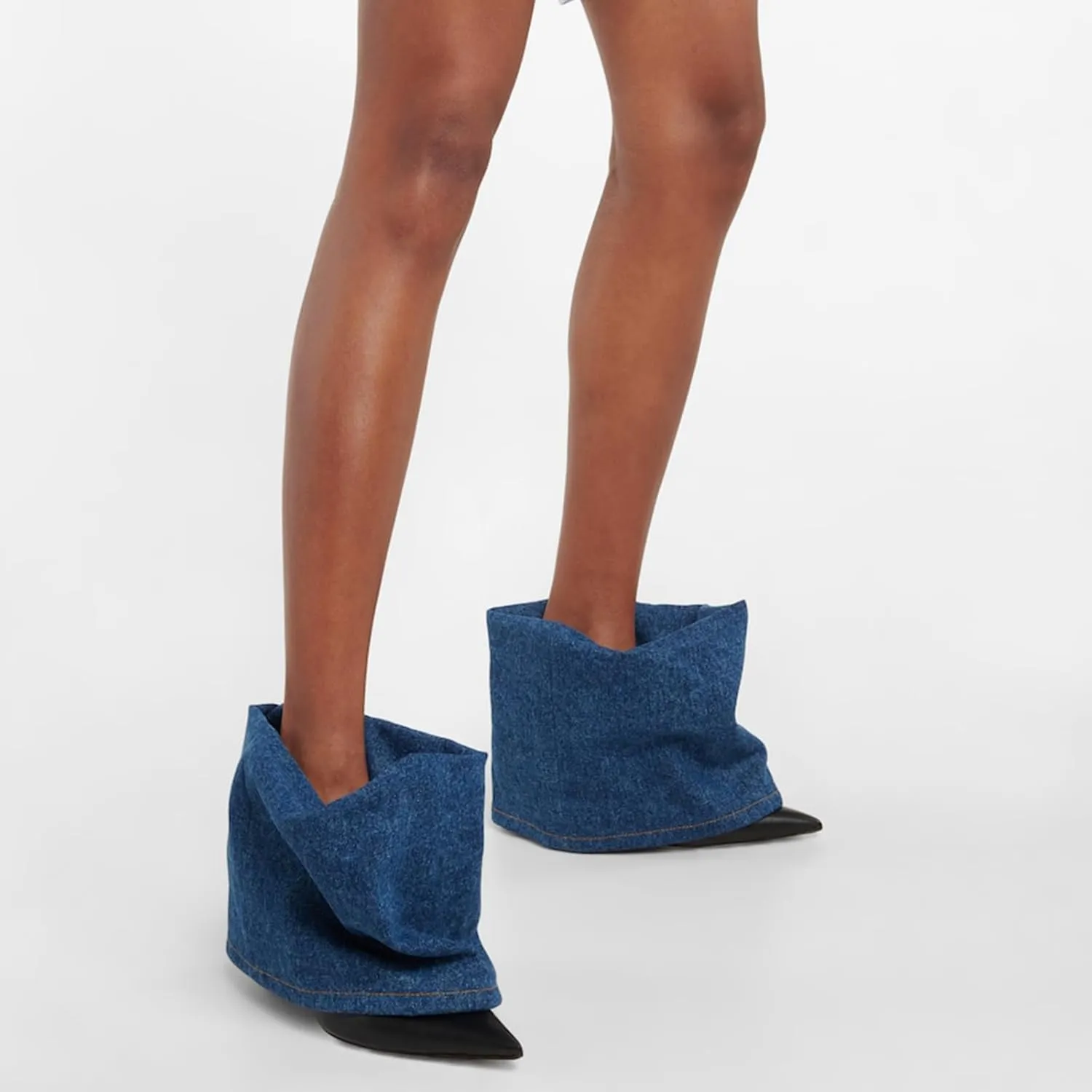 Women's Fold Over Denim Boots Pointed Toe Wide Calf Ankle Boots Pull On Fashion Dress High Heels Booties