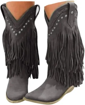 Women's Fringe Western Boots Wide Calf Riding Cowgirl Cowboy Boots with Rivets Tassel Western Booties Low Heel Fringe Boots Cowgirl Boots Pointy Toe Winter Boots Pull On Knight Boots