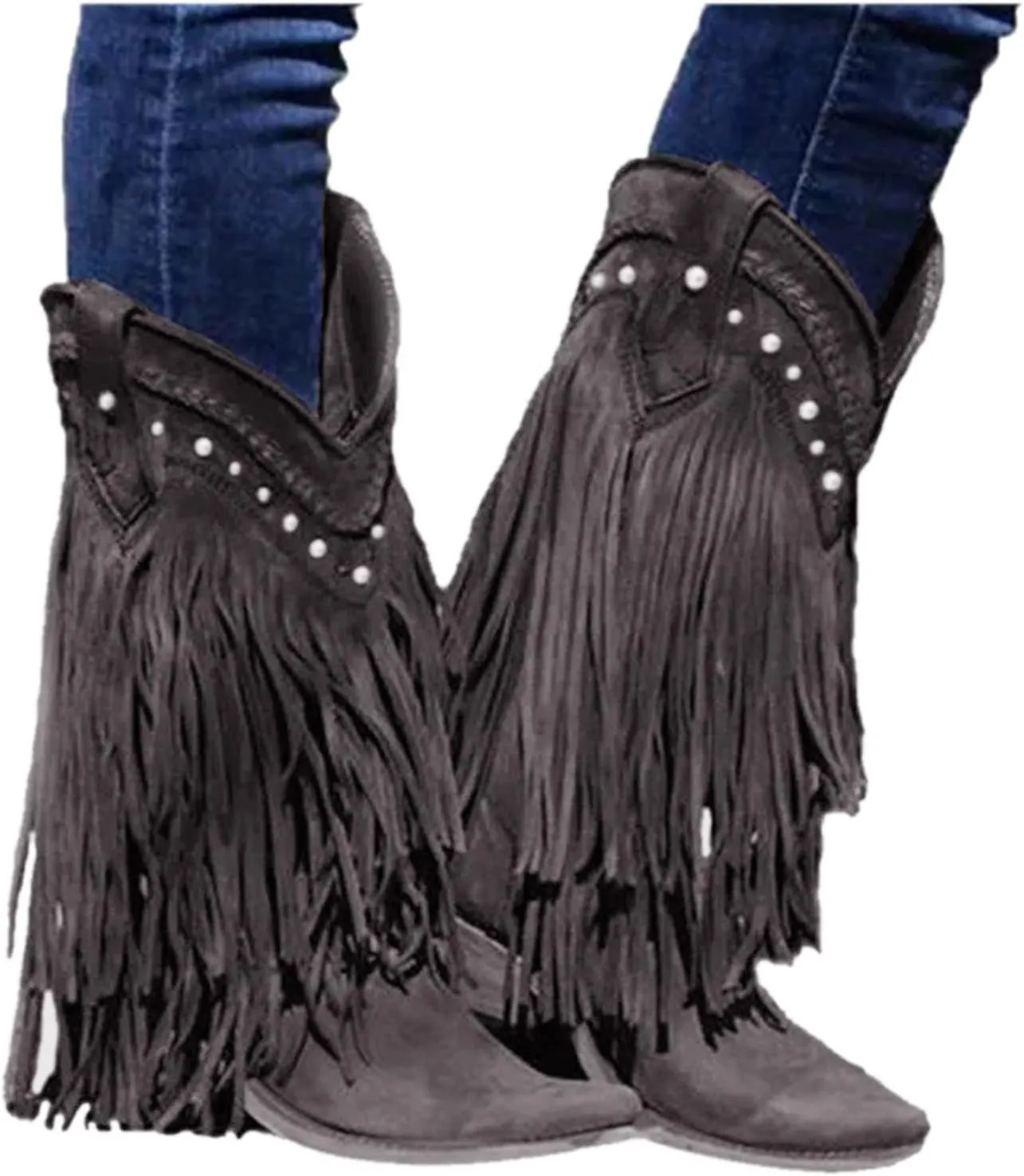 Women's Fringe Western Boots Wide Calf Riding Cowgirl Cowboy Boots with Rivets Tassel Western Booties Low Heel Fringe Boots Cowgirl Boots Pointy Toe Winter Boots Pull On Knight Boots