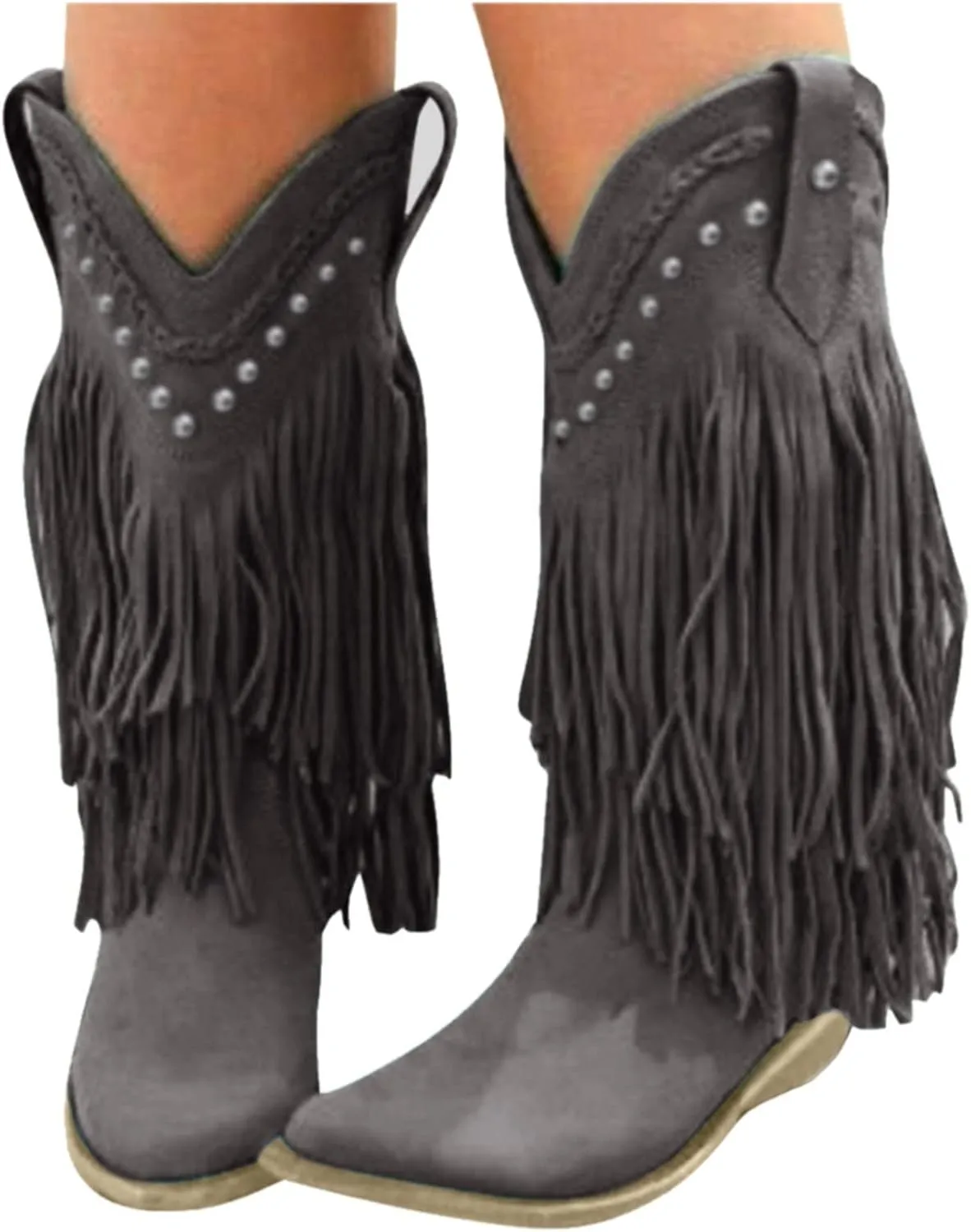 Women's Fringe Western Boots Wide Calf Riding Cowgirl Cowboy Boots with Rivets Tassel Western Booties Low Heel Fringe Boots Cowgirl Boots Pointy Toe Winter Boots Pull On Knight Boots