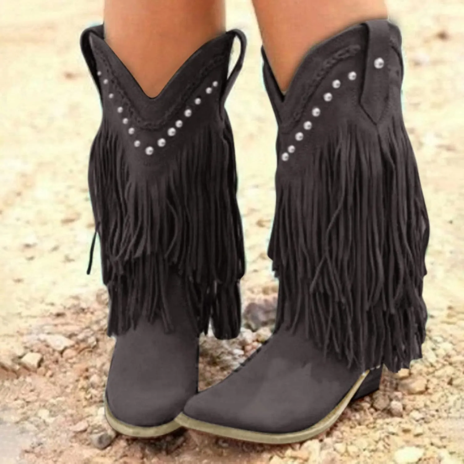 Women's Fringe Western Boots Wide Calf Riding Cowgirl Cowboy Boots with Rivets Tassel Western Booties Low Heel Fringe Boots Cowgirl Boots Pointy Toe Winter Boots Pull On Knight Boots
