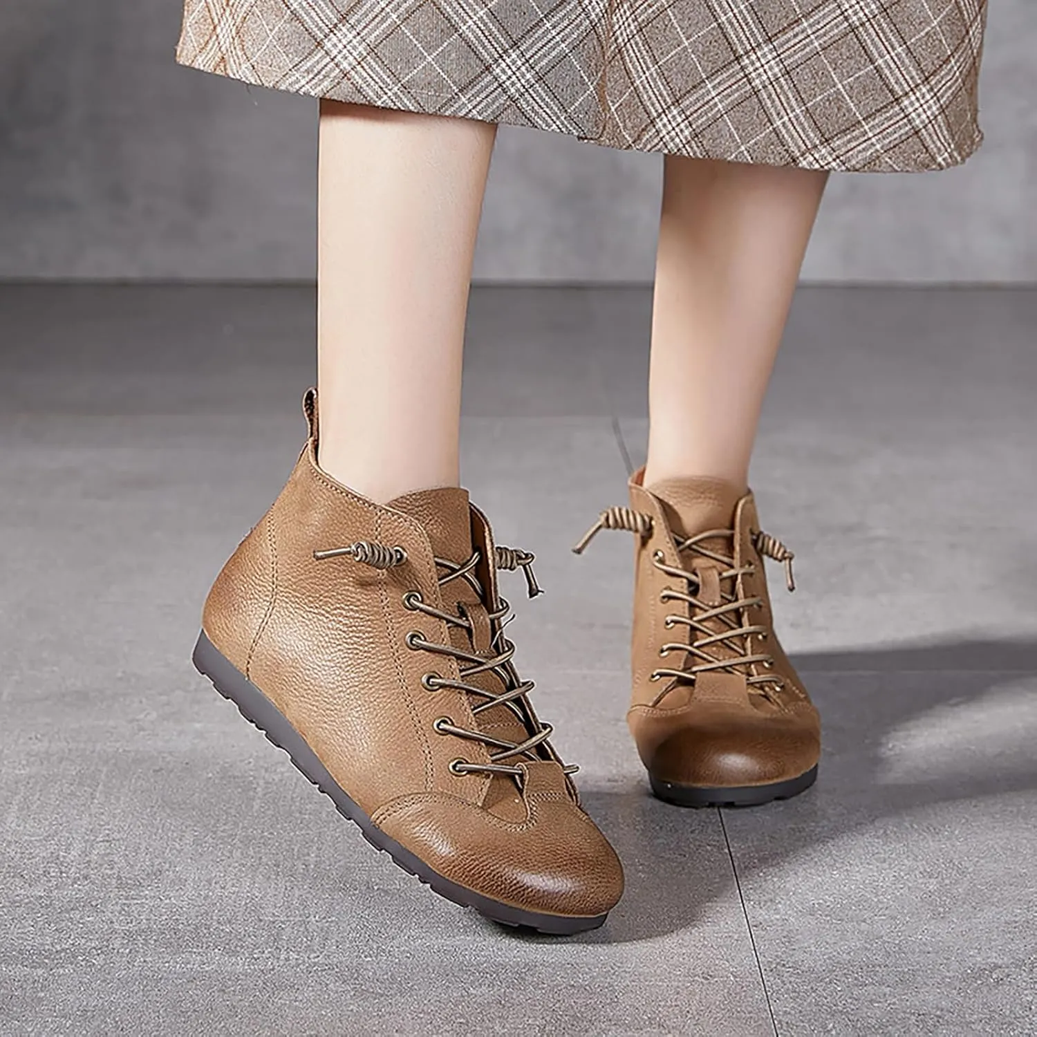 Women'S Genuine Leather Lace Up Soft Sole Ankle Bootsfashion Handmade Lightweight Comfort Slip-On Non-Slip Booties For Driving Office Dress Combat Boots