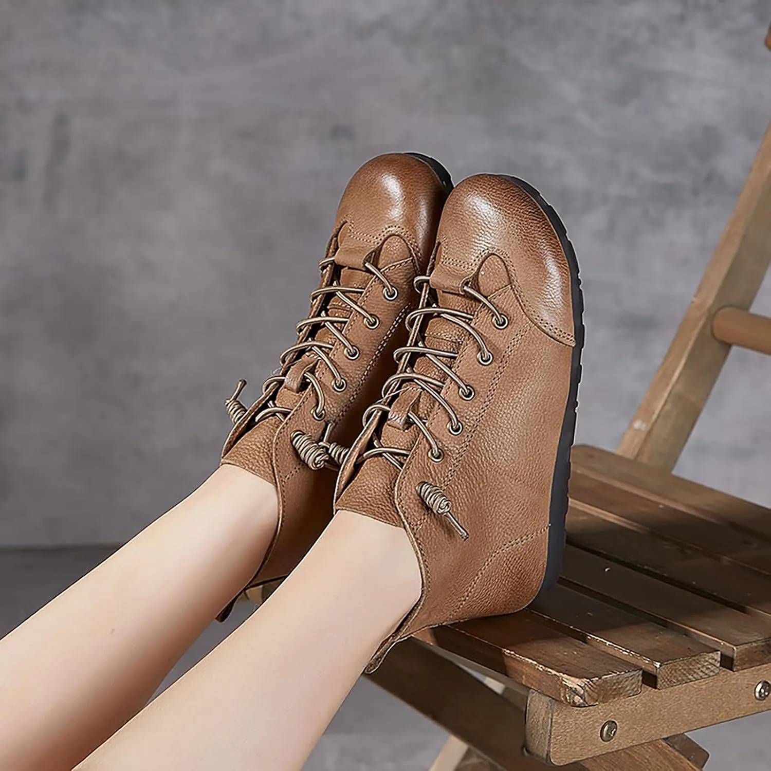 Women'S Genuine Leather Lace Up Soft Sole Ankle Bootsfashion Handmade Lightweight Comfort Slip-On Non-Slip Booties For Driving Office Dress Combat Boots