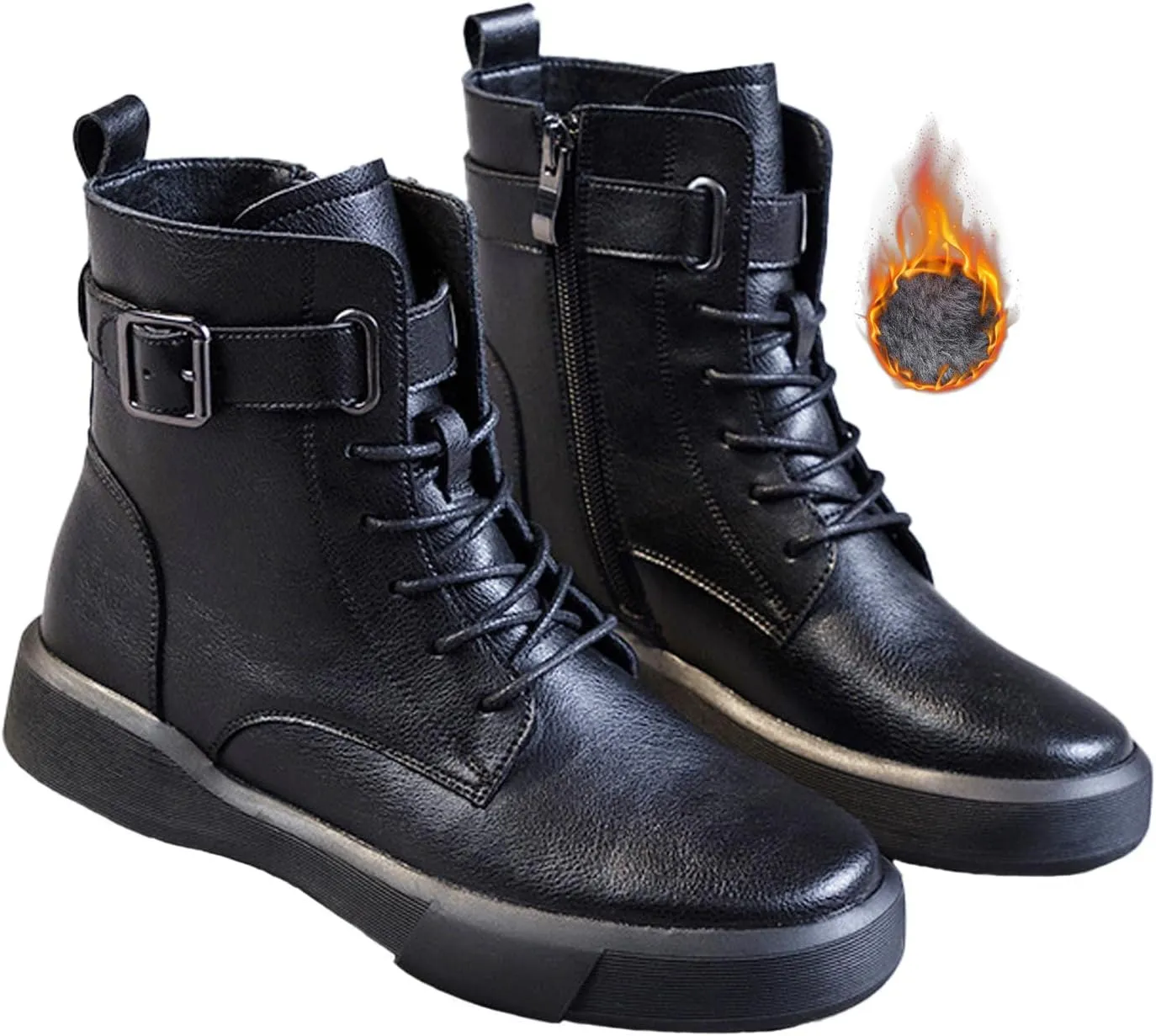 Women's Genuine Leather Platform Lace up Combat Boots Retro Round Toe High-top Buckle Soft Sole Non-Slip Side Zipper Ankle Boots Plush Lining Warm Winter Boots