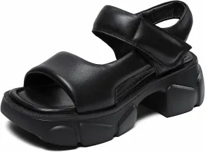 Women's Genuine Leather Vintage Chunky Platform Sandals With Hook Loop Comfortable Open Square Toe Anti-slip Walking Mom Sandals Summer Outdoor Casual Beach Wedge Sandals